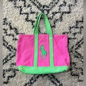 Polo Ralph Lauren Tote Bag Mini Canvas Purse Big Pony Logo Vintage Pink Green